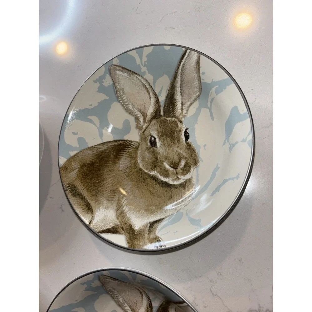 Set Of 4 Williams Sonoma Damask Bunny Cereal SOUP BOWL Blue Floral Rabbit  7.5